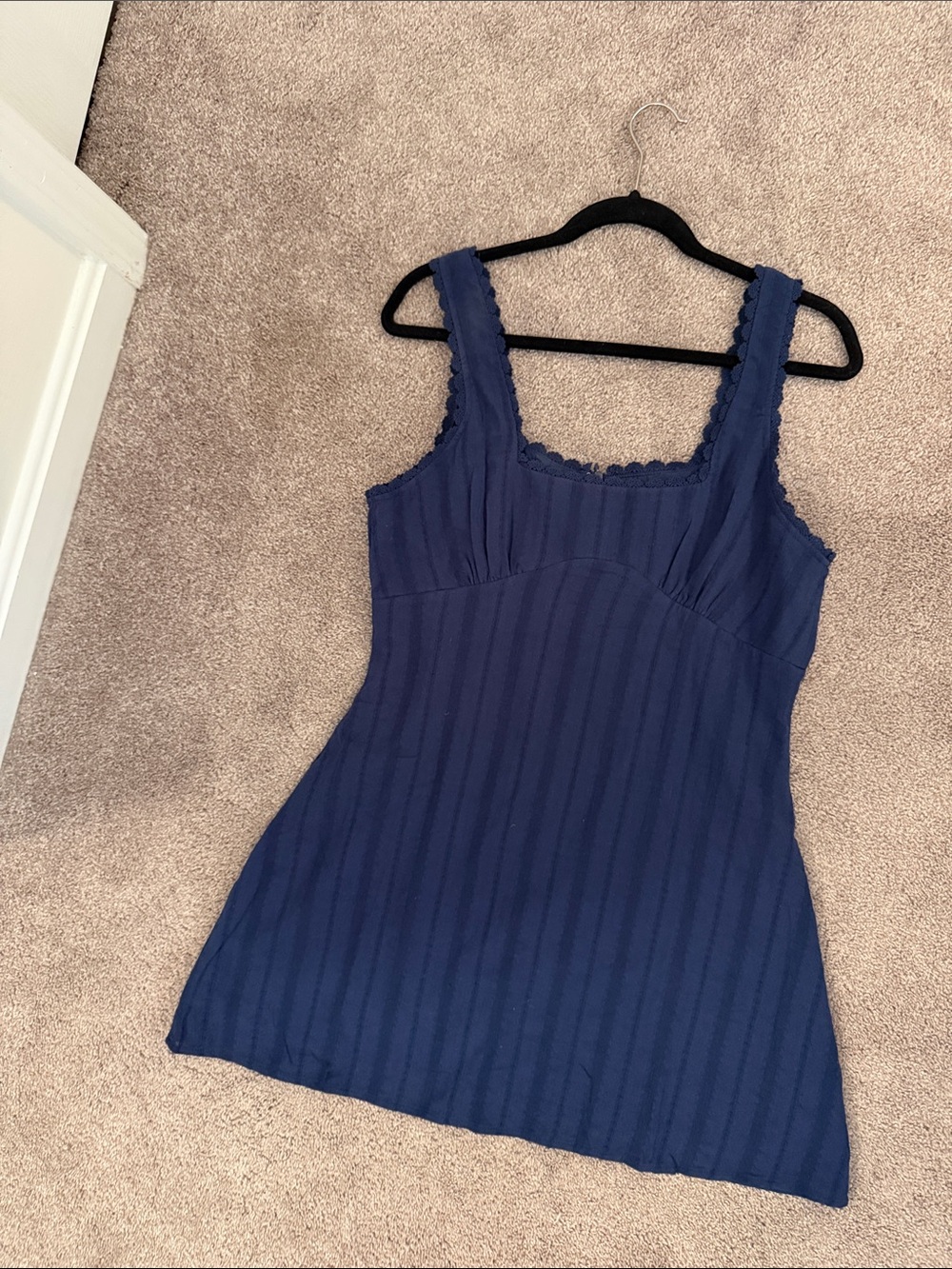 Princess Polly Navy Blue Ribbed Mini Dress with Lace Trim